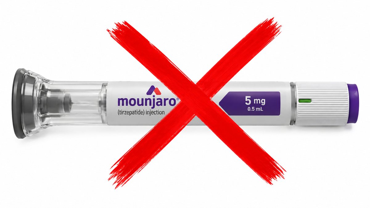 Caneta injetável de Mounjaro riscada com um grande X vermelho