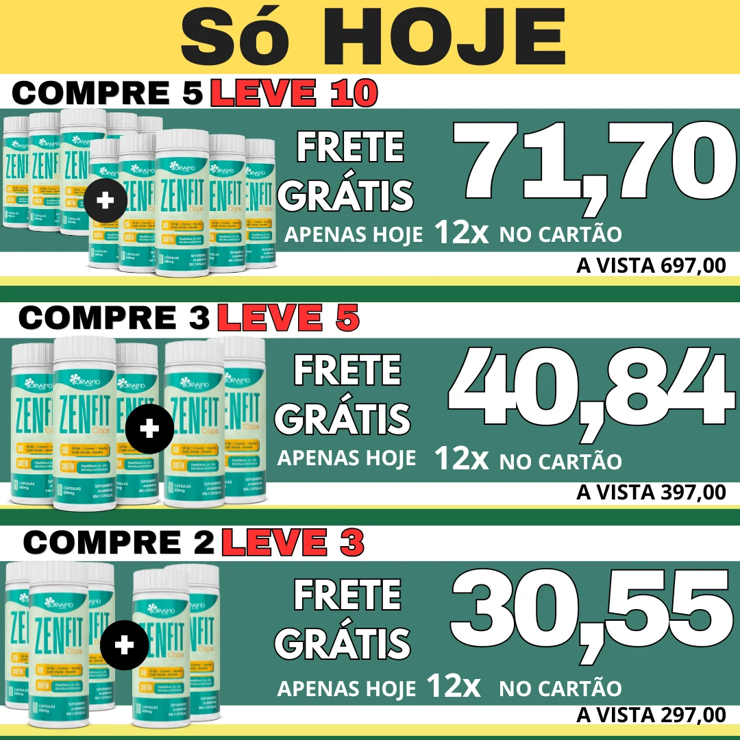 Kits ZenFit Caps com frete grátis: compre 2 e leve 3 por R$ 297 à vista ou 12x de R$ 30,55; compre 3 e leve 5 por R$ 397 ou 12x de R$ 40,84; compre 5 e leve 10 por R$ 697 ou 12x de R$ 71,70